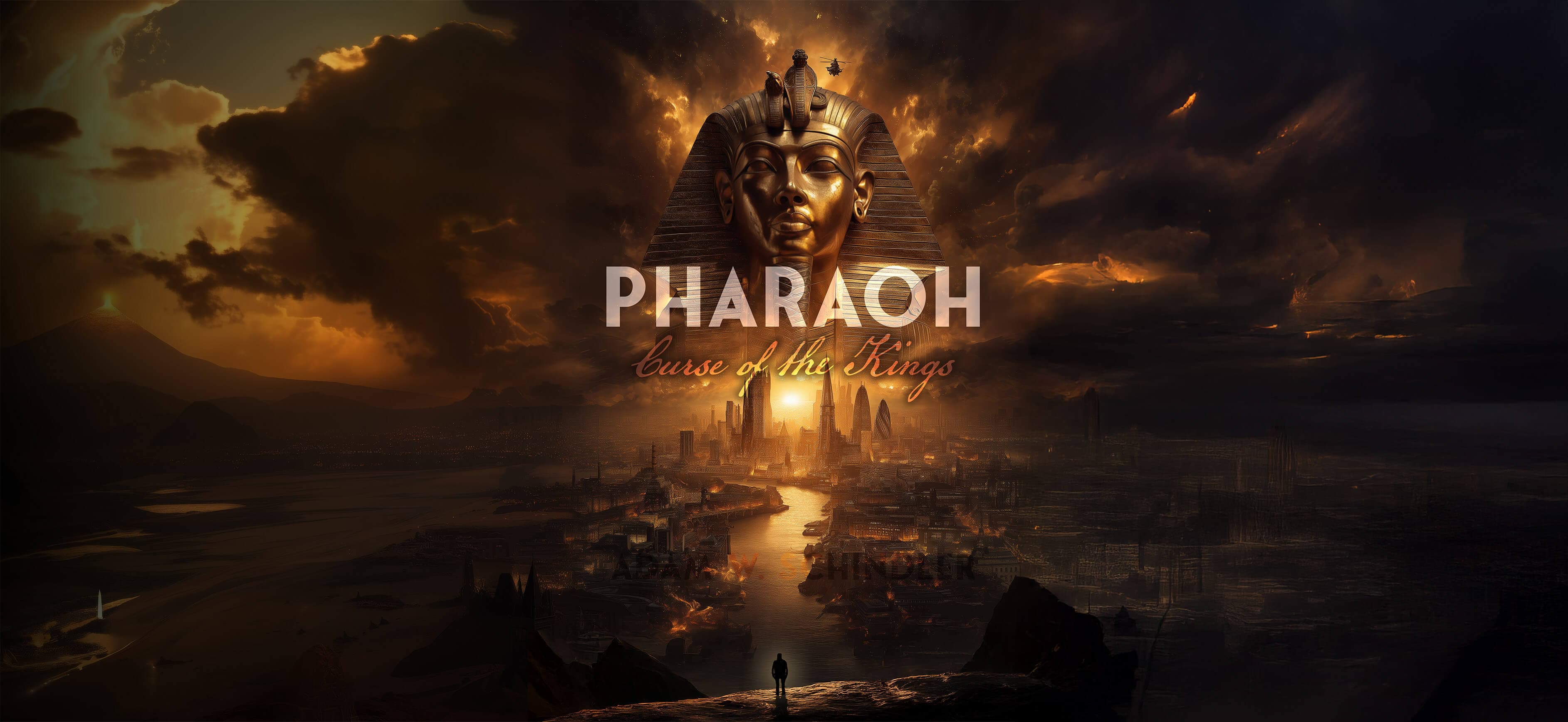 Pharaoh Book cover wide screen image of King Tutankhamun mask and a lone man standing beneath